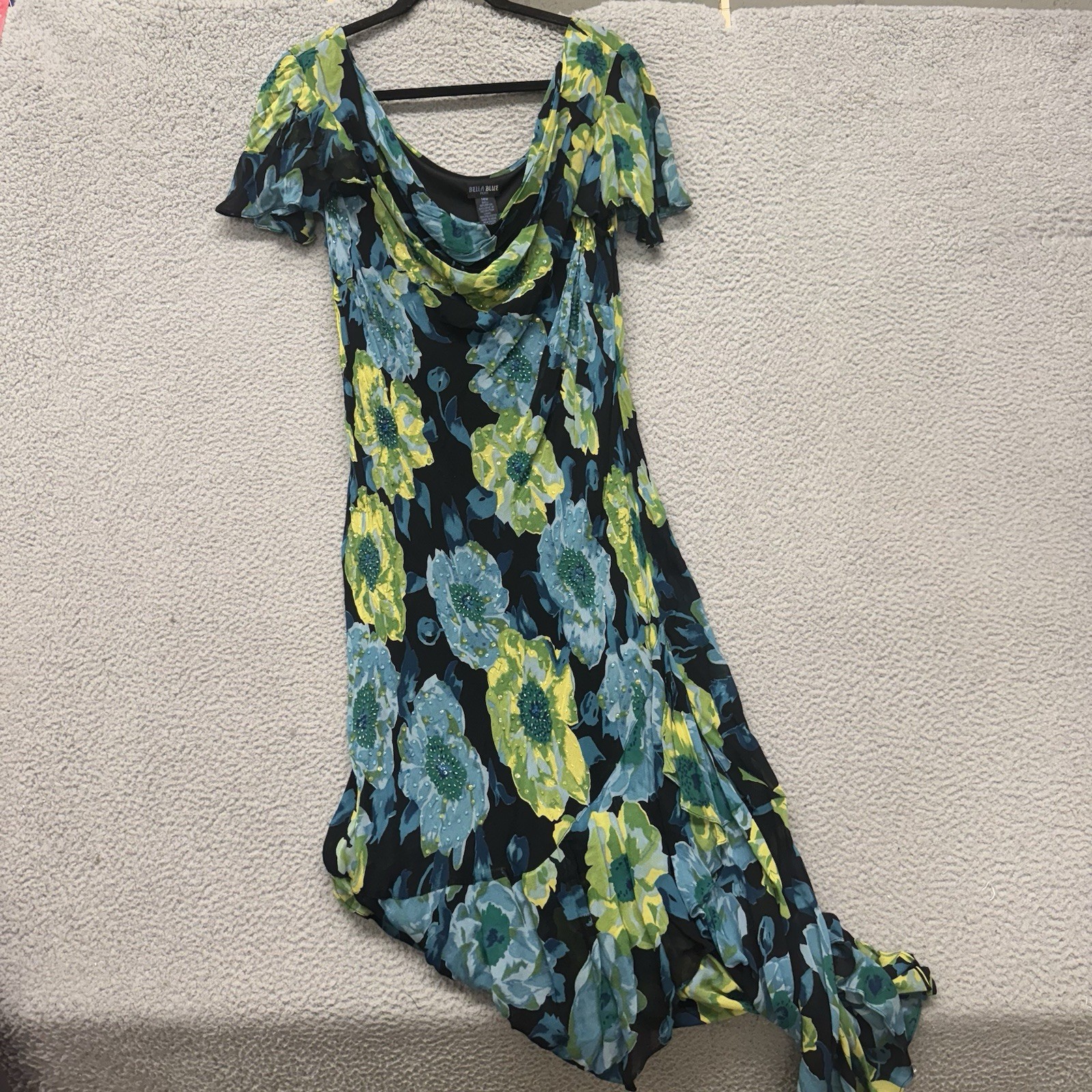 Y2K Fairy Dress Womens 14W Floral Beaded Chiffon Draped Neck Flutter Ruffle