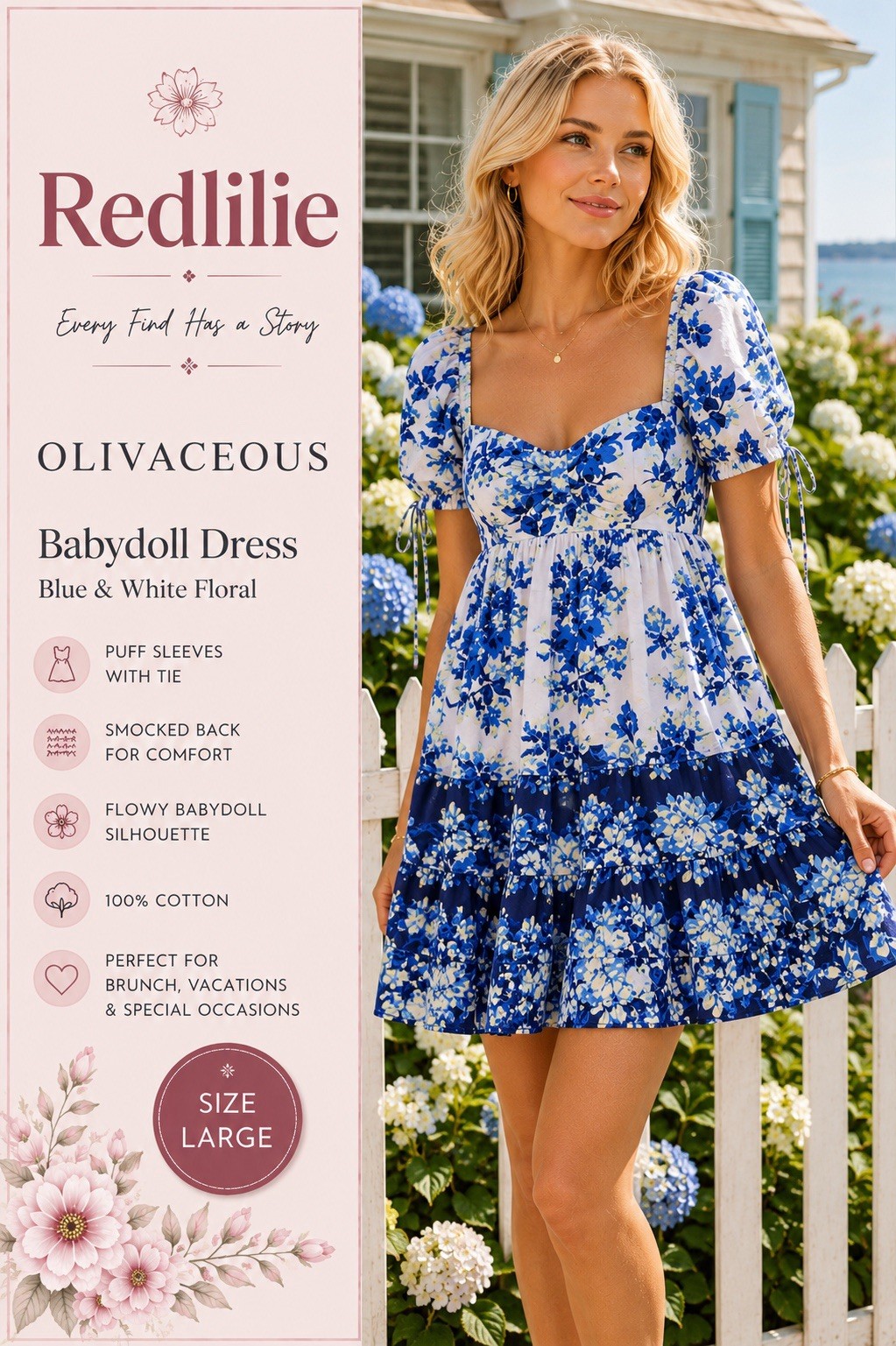 Olivaceous Babydoll Dress Womens Size Large Tiered Short Puff Sleeve White Blue