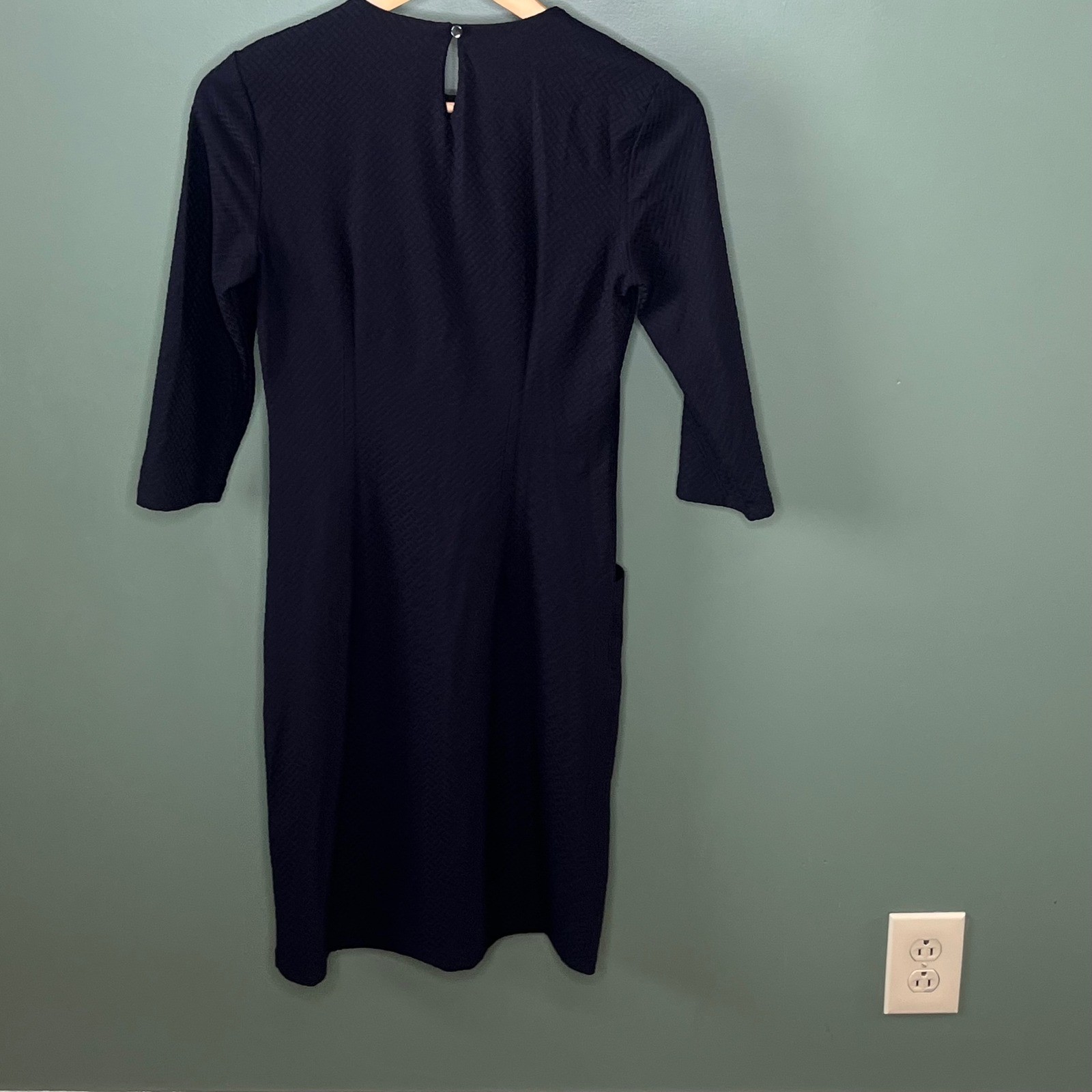 J.McLaughlin Navy Blue Textured Basketweave Sheath Dress 3/4 Sleeve XS Pocket