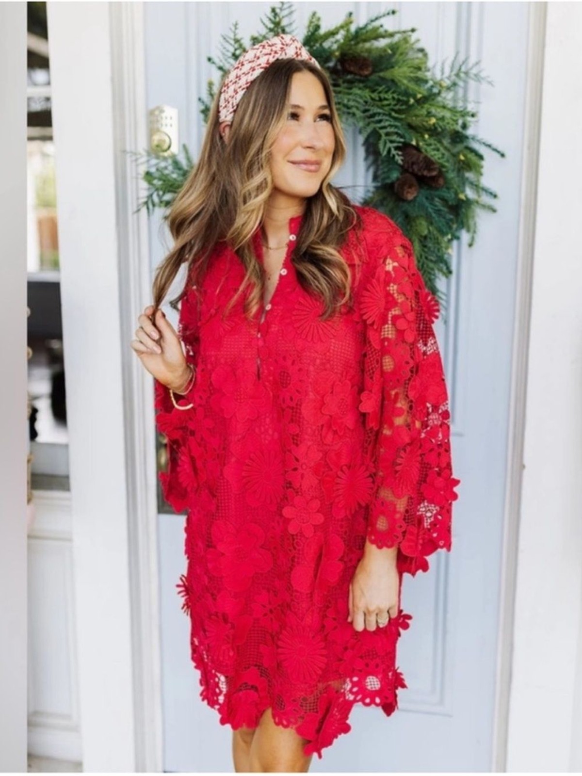 J.Marie Seraphina Floral 3D Lace Split Round Button Up Neck Shift Dress Medium