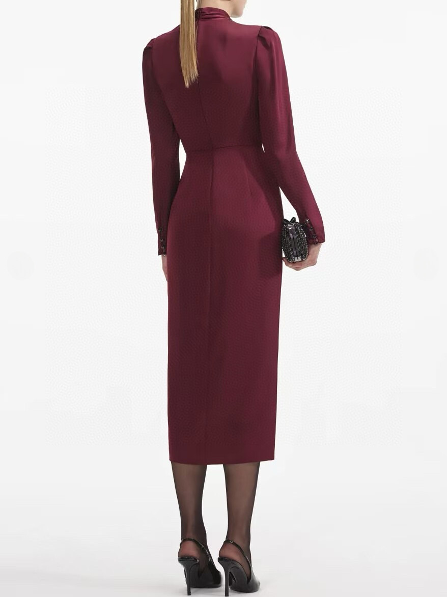 Womens Self-Portrait Stand Collar Long Sleeve A-line Midi Dress Red