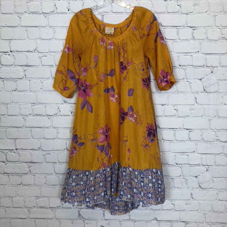 Anthropologie Vanessa Virginia Rainforest Silk Dress Size XS Yellow Floral