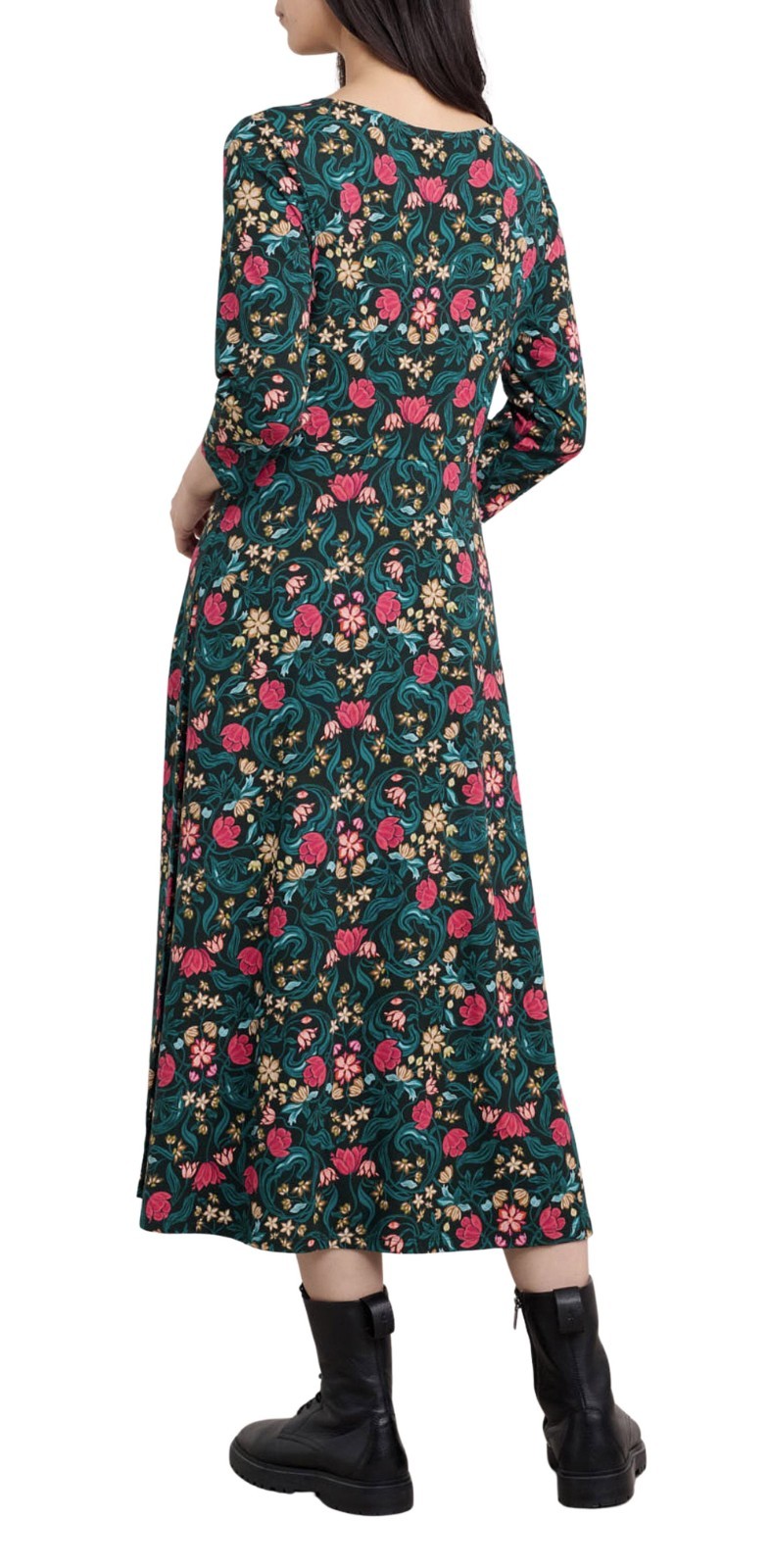 Seasalt Cornwall Teal, Turquoise & Pink Floral 3/4 Sleeve Cotton Midi Dress 18