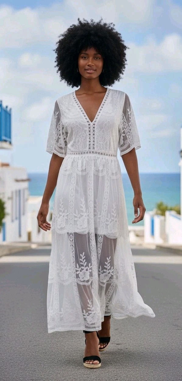 Boho Dress Romantic Sheer Lace Lined Side Slits Wedding Hippie Coquette Size S
