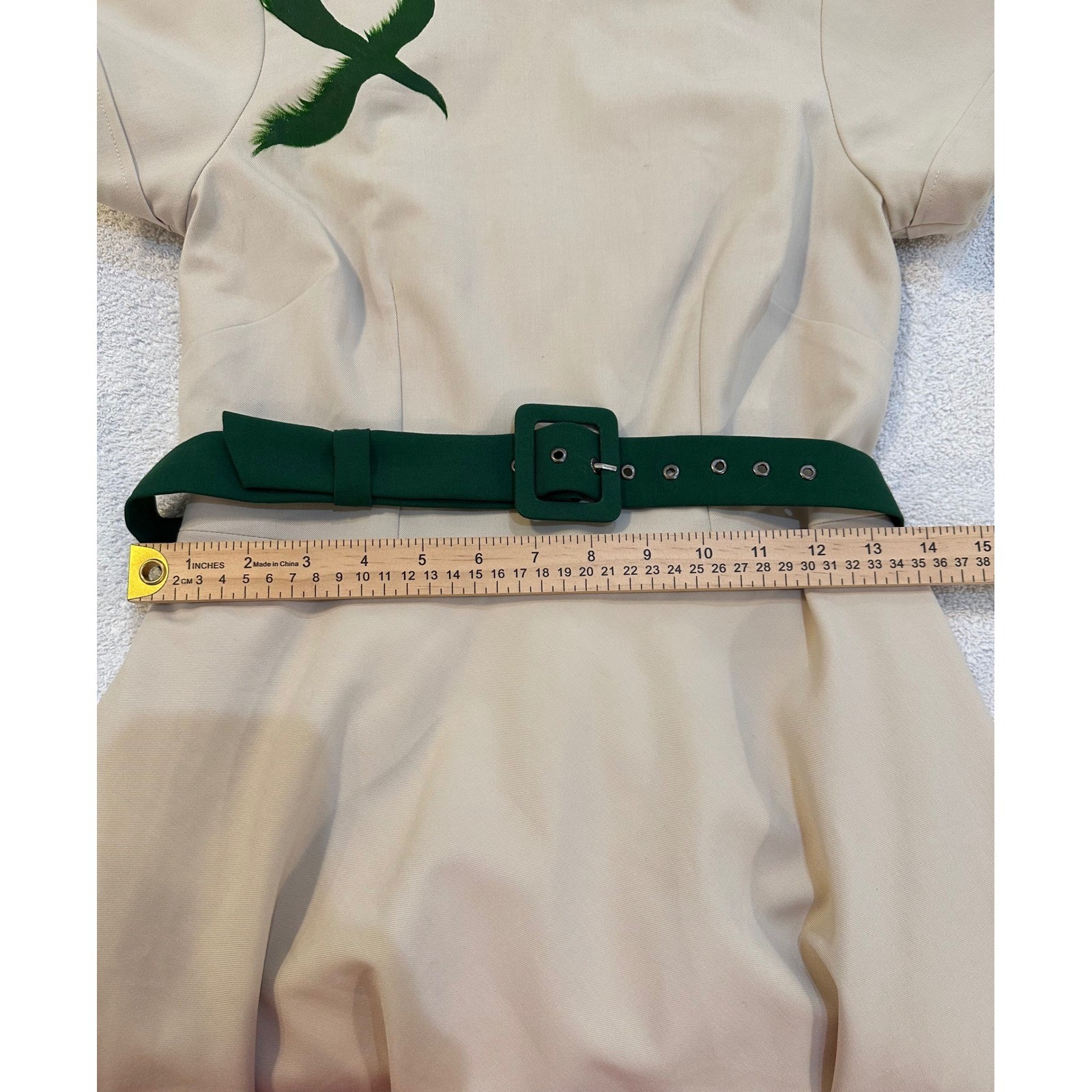 Vintage Style Beige Green Bird Fit Flare Belted Midi Dress Womens Small