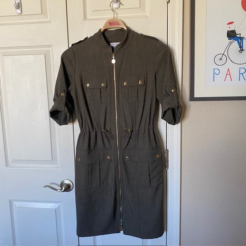 Calvin Klein Cargo Dress Roll Tab Sleeve Olive Green Military Vibe Women’s 8