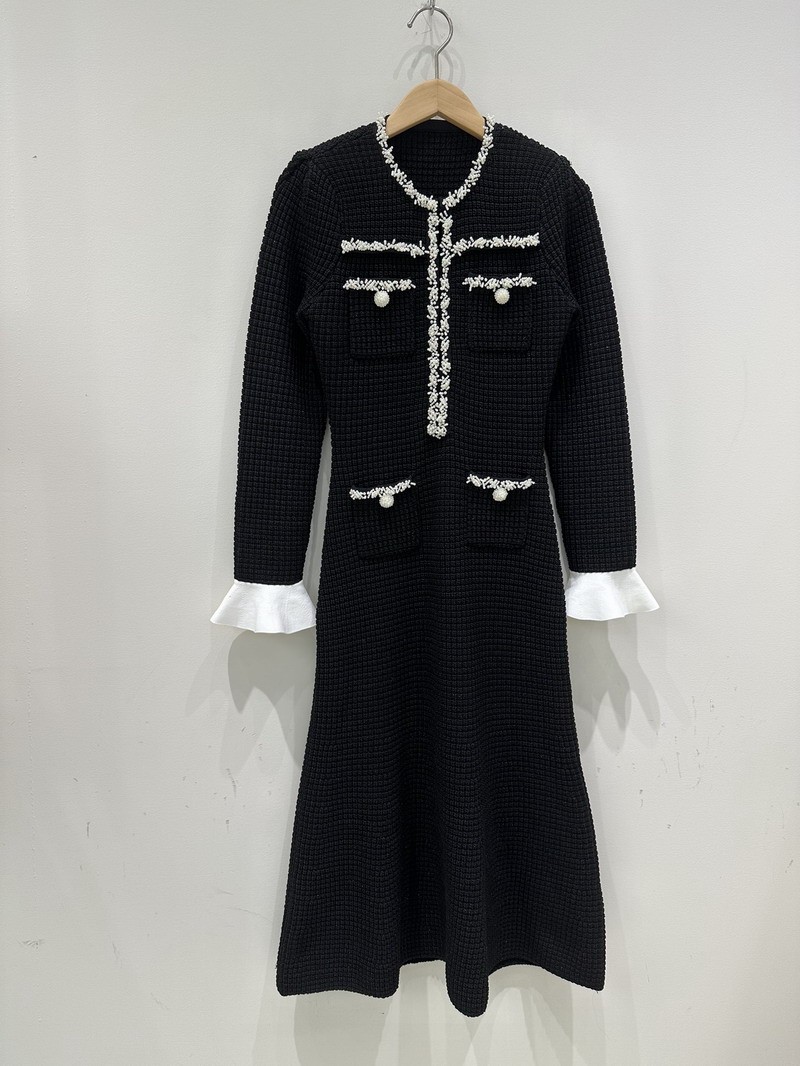 Self Portrait Handmade pearlS knitted dress A-line silm waist long sleeve women