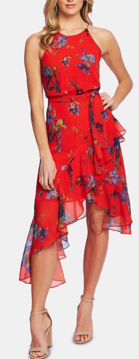 CeCe Red Floral Sleeveless Belted Asymm Ruffle Silky Dress Whimsy Ethereal 12