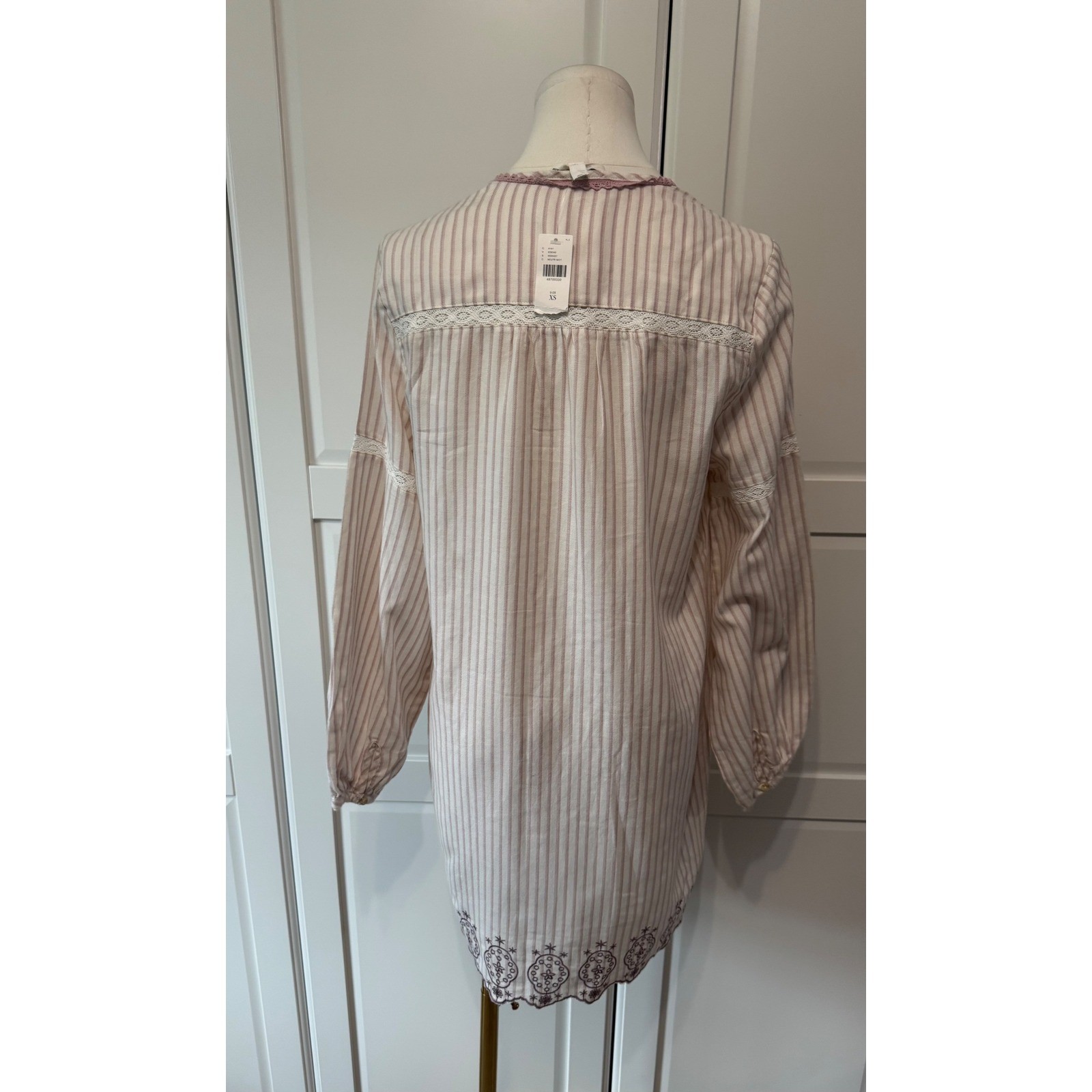 Anthropologie Floreat Striped Sleep Dress Tassel Tunic Embroidered Mauve XS New