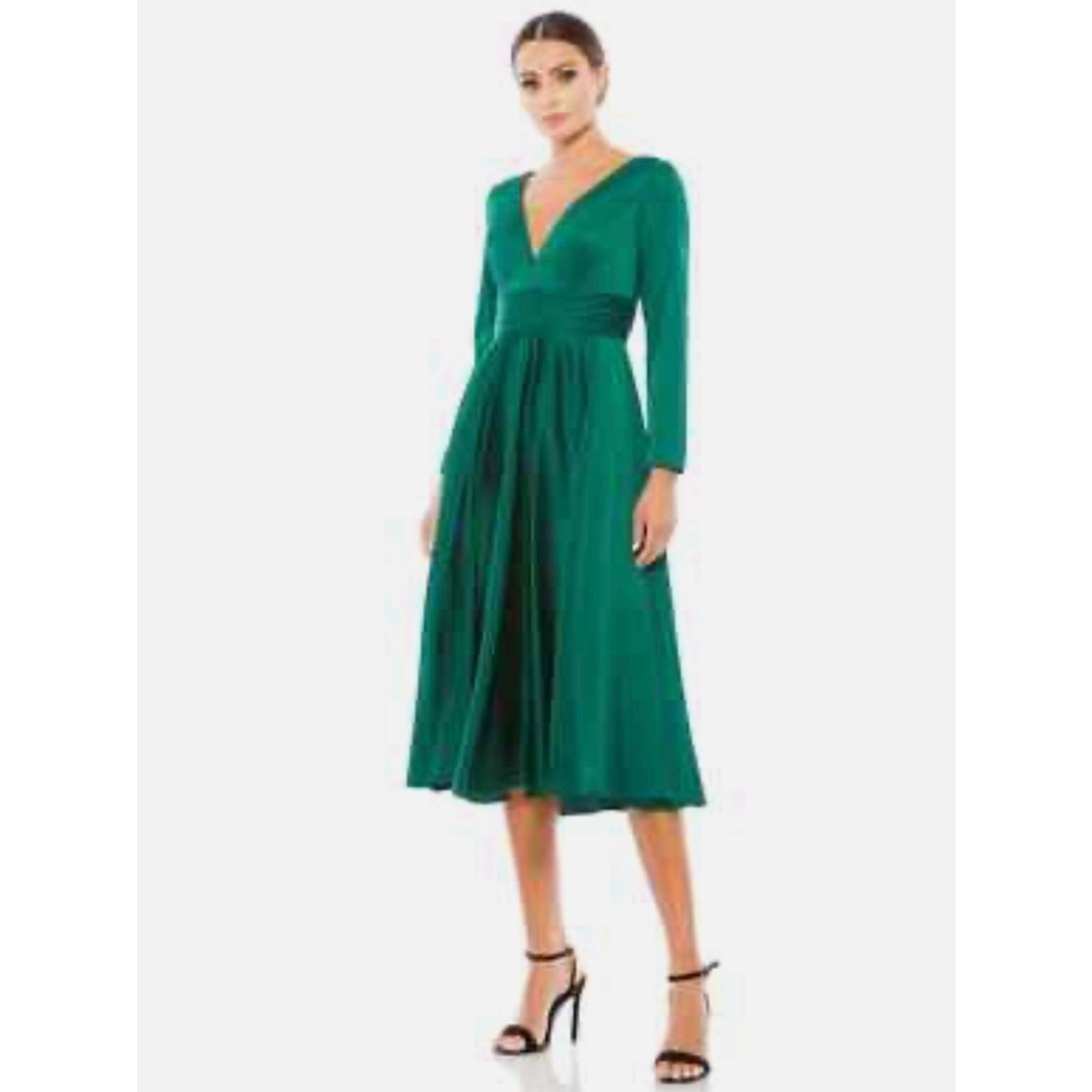 NWT Mac Duggal PLUNGE NECK SATIN A LINE DRESS Emerald Grn 67527emerald midi 16
