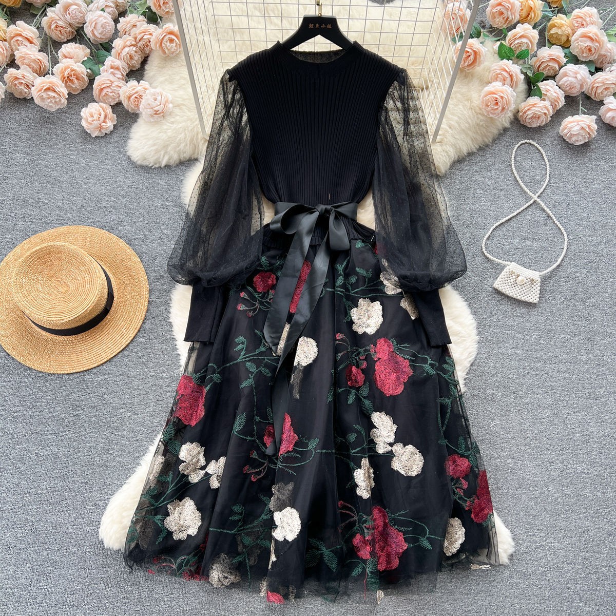 Floral Embroidery Women’s Casual Knitted Long Sleeve Midi Swing Party Dress OL