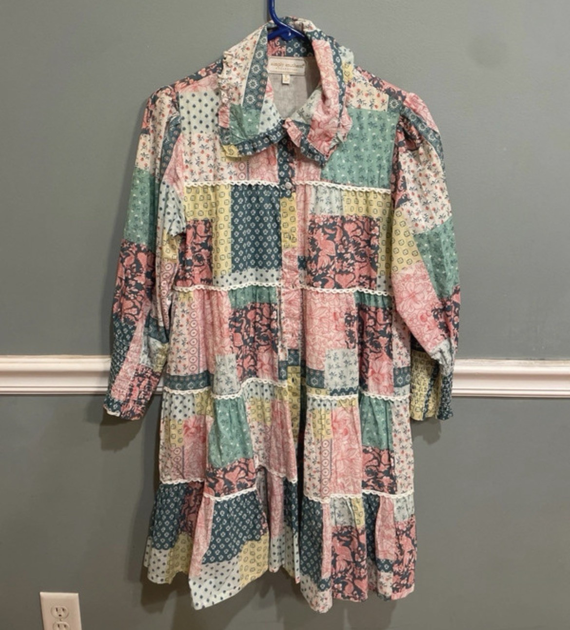 Simply Southern Patchwork Dress Long Sleeve Collared Button, size S, fits like M