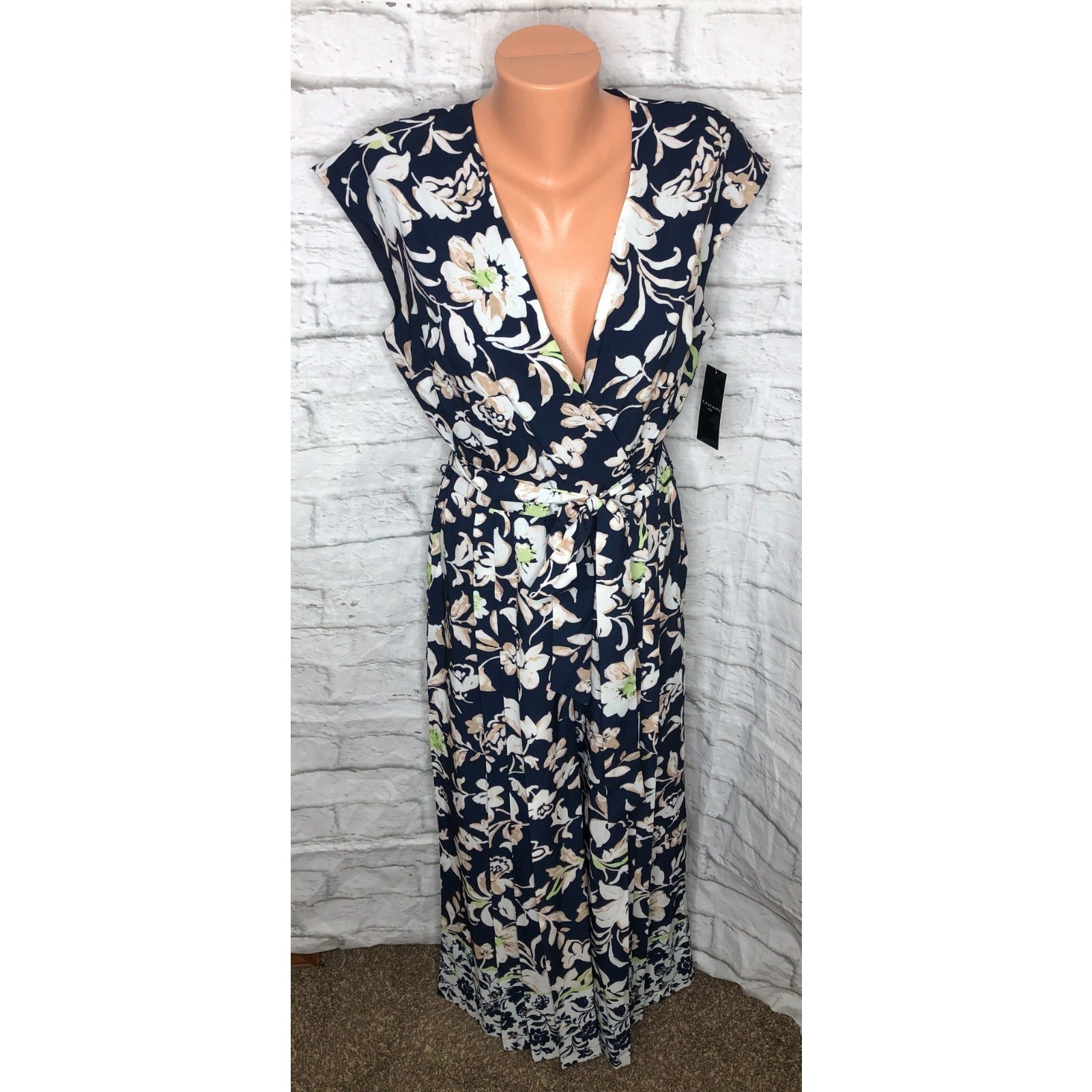 Tahari Navy Blue Long Floral Jumpsuit pants Size 8
