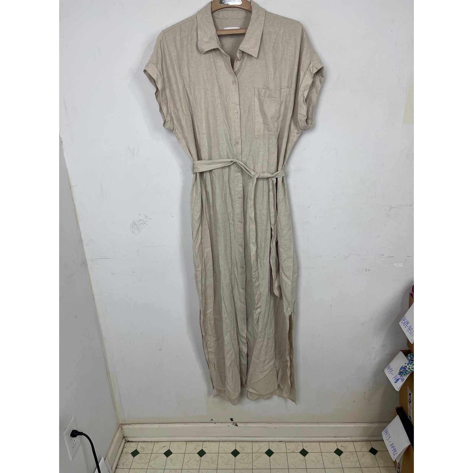 Calvin Klein Womens Tan Linen Blend Button Front Maxi Shirt Dress Size 12