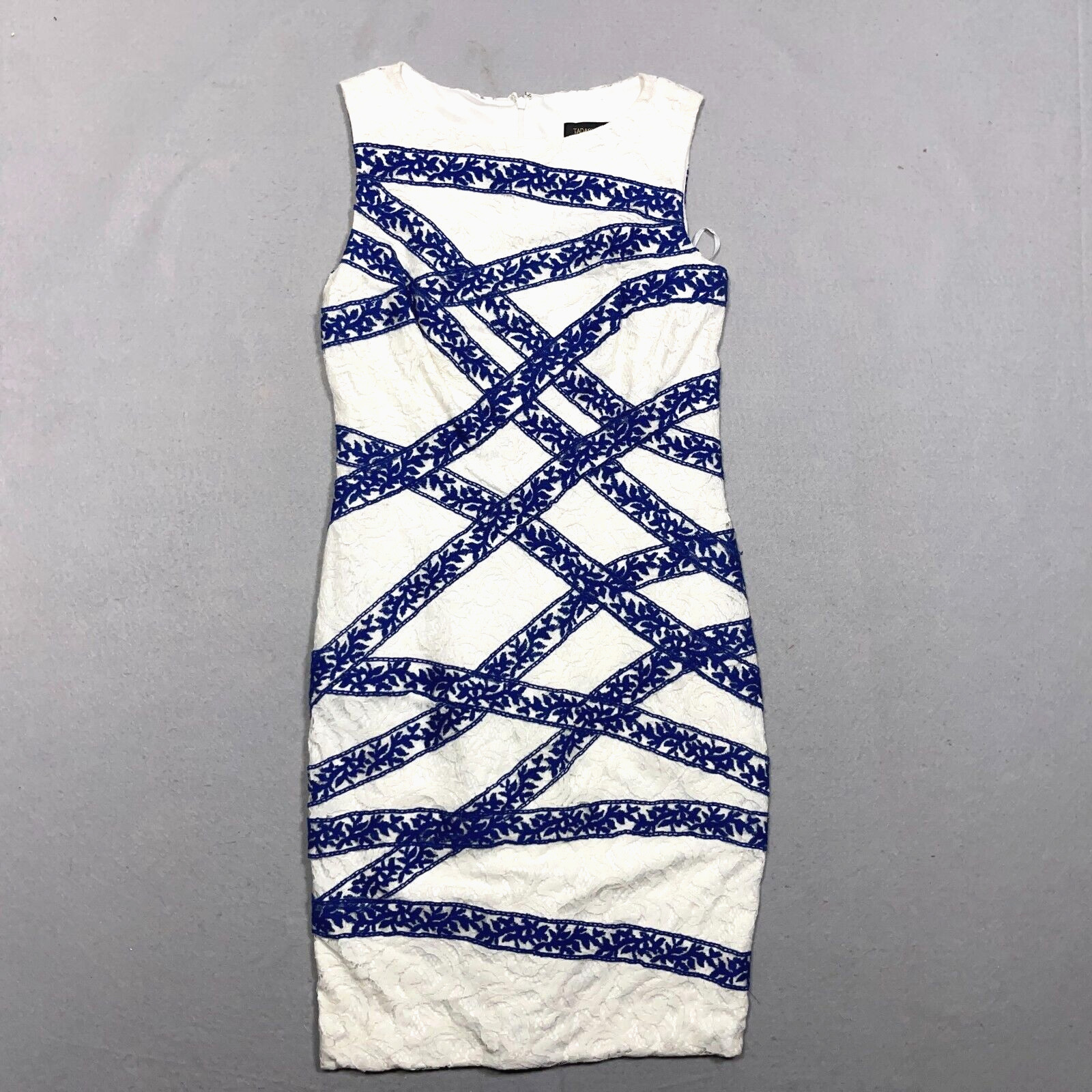 Tadashi Shoji Dress Women 10 White Blue Sleeveless Lace Sheath Cocktail NWT