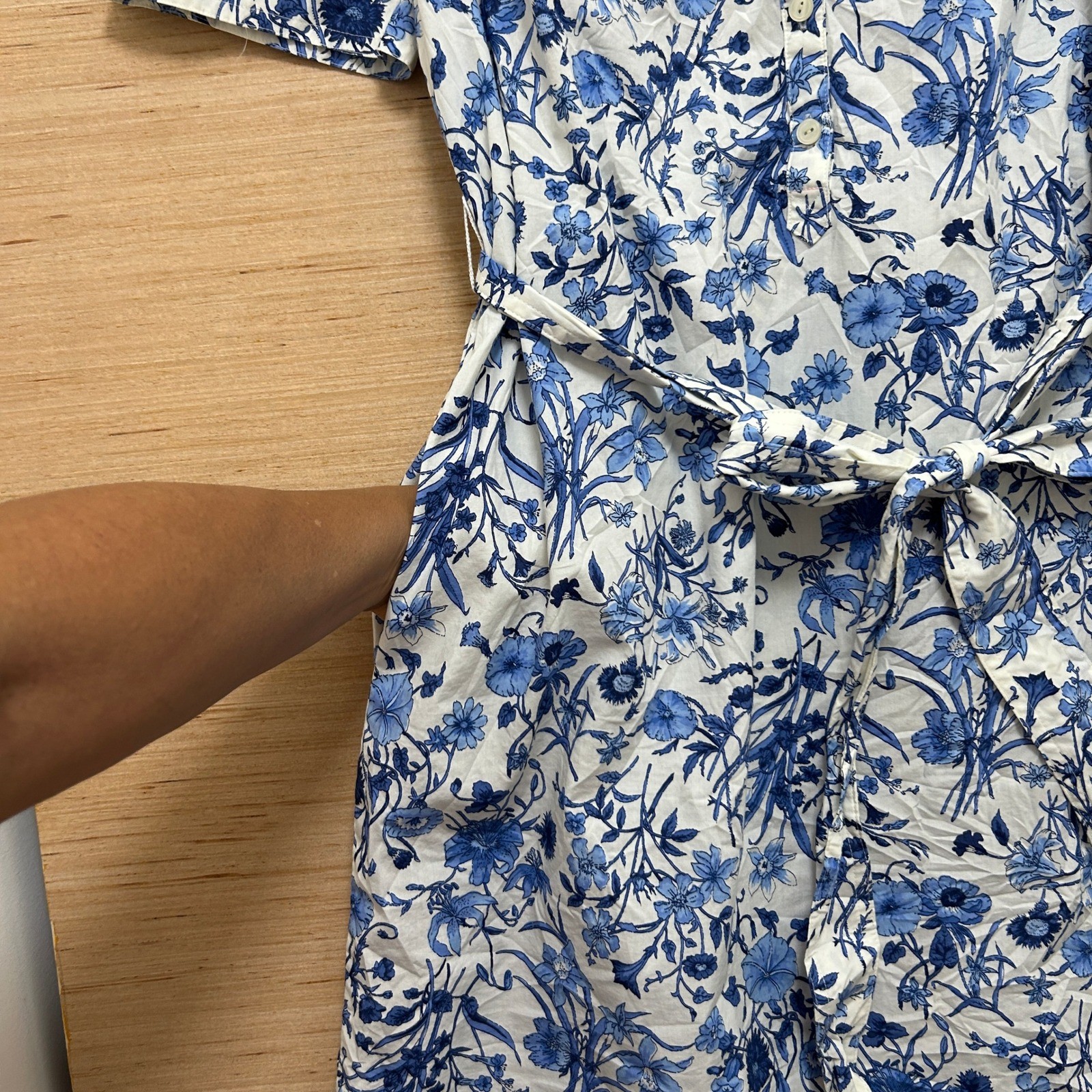 Talbots Womens Blue White Floral Button Front Tie Waist Shirt Dress Pockets L