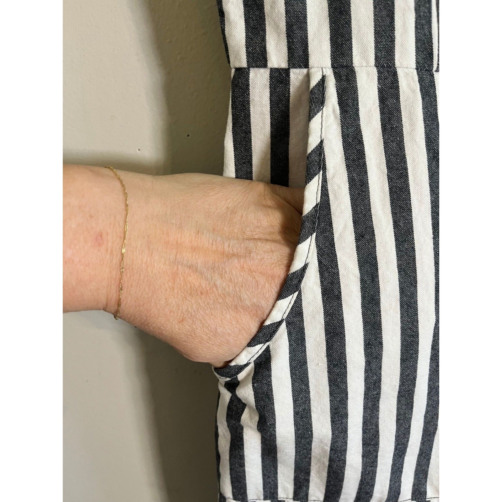 Neutral Striped Linen Dress L Retro Mod Classic Preppy Coastal Chic Resort 90s