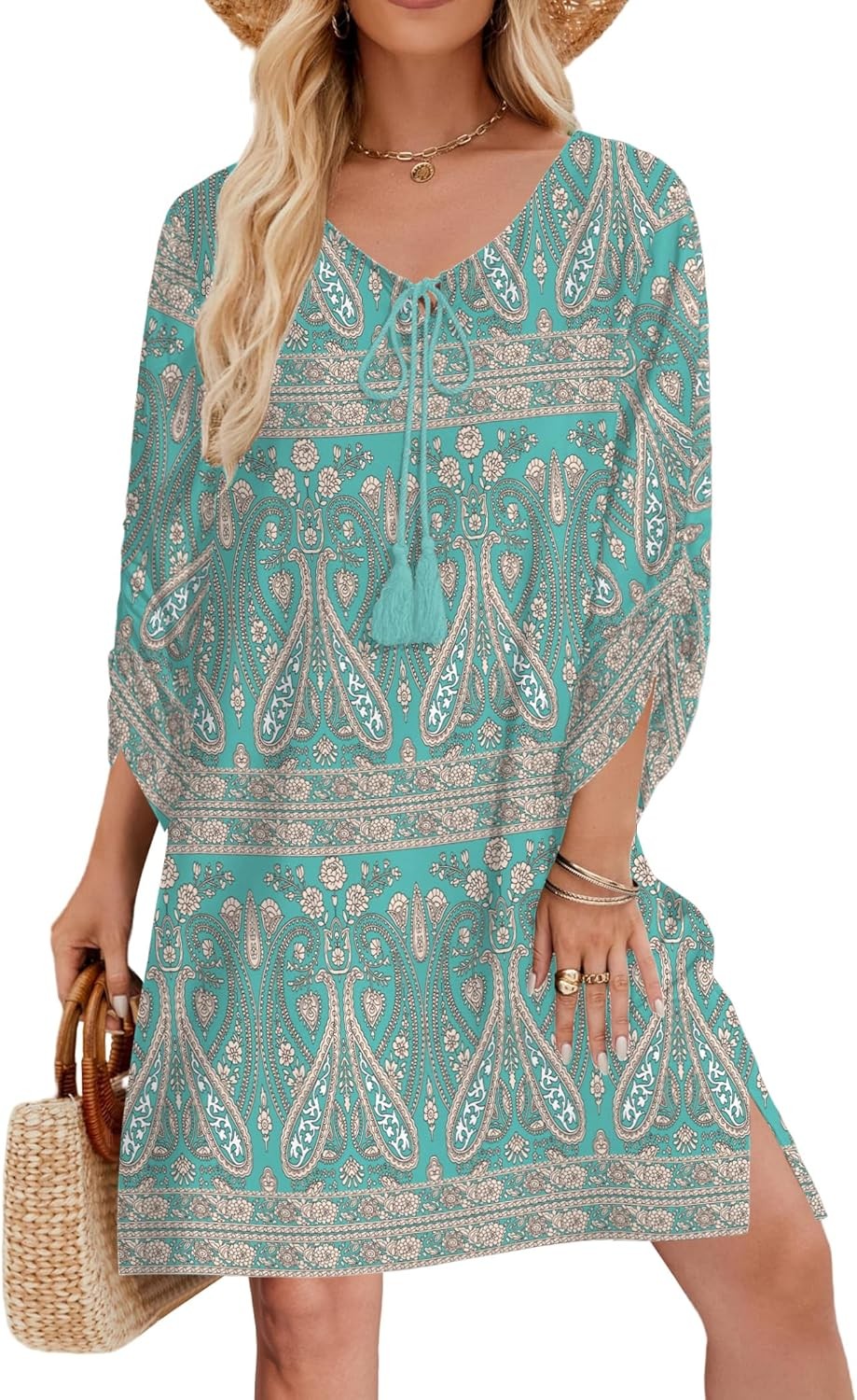 Women’s Floral Dress 3/4 Sleeve V-Neck Tassel Tie Neck 02 Green Summer HOTOUCH