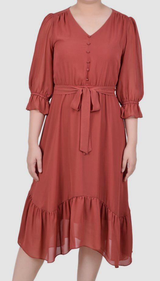 NY Collection Womens’ Red 3/4 Sleeve V-Neck Flounced Dress Petite Size PS