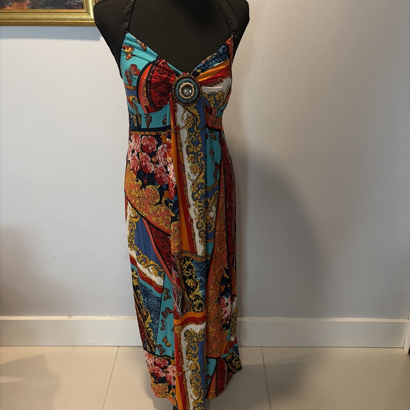 Vntg 90’s Y2K Maxi Halter Dress Floral Butterfly Colorful Boho Festival Beaded