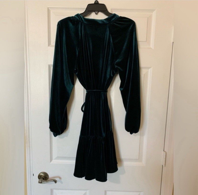 NWT Alex Marie V-Neck Dark Green Velvet Long Sleeve Button Front Dress Size 12