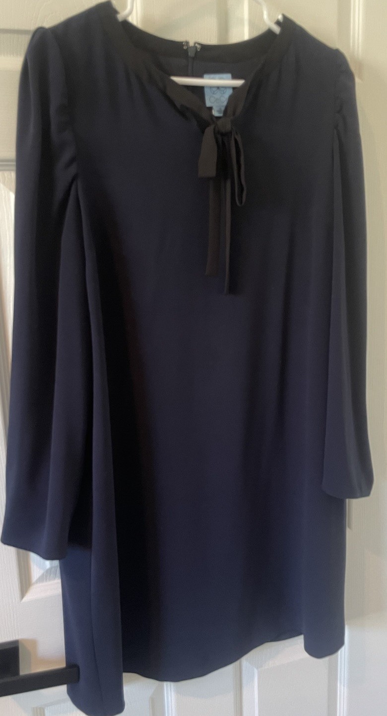 Cece Women’s Size 14 Dress With Back Zip And Front Neck Tie. Navy Blue And Black