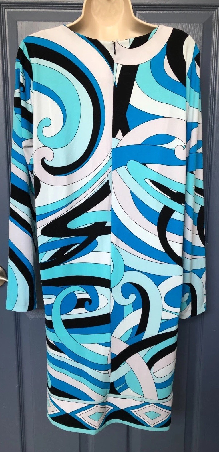 Michael Kors Size L Long Sleeve Shift Dress White Black Blue Abstract Print