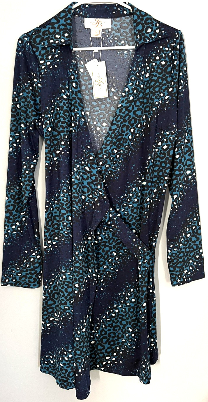 JB by Julie Brown Dress Womens Large Blue Teal Wrap Leopard Print Long Sleeve