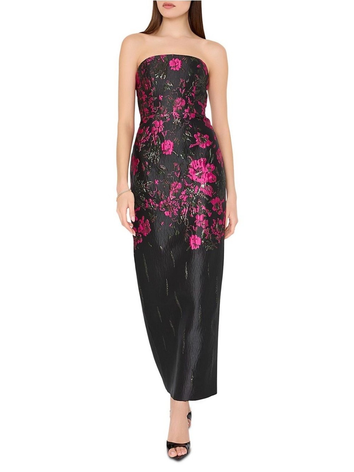 MILLY Orion Column Dress Pink Black Floral Strapless Midi Gown Size 8