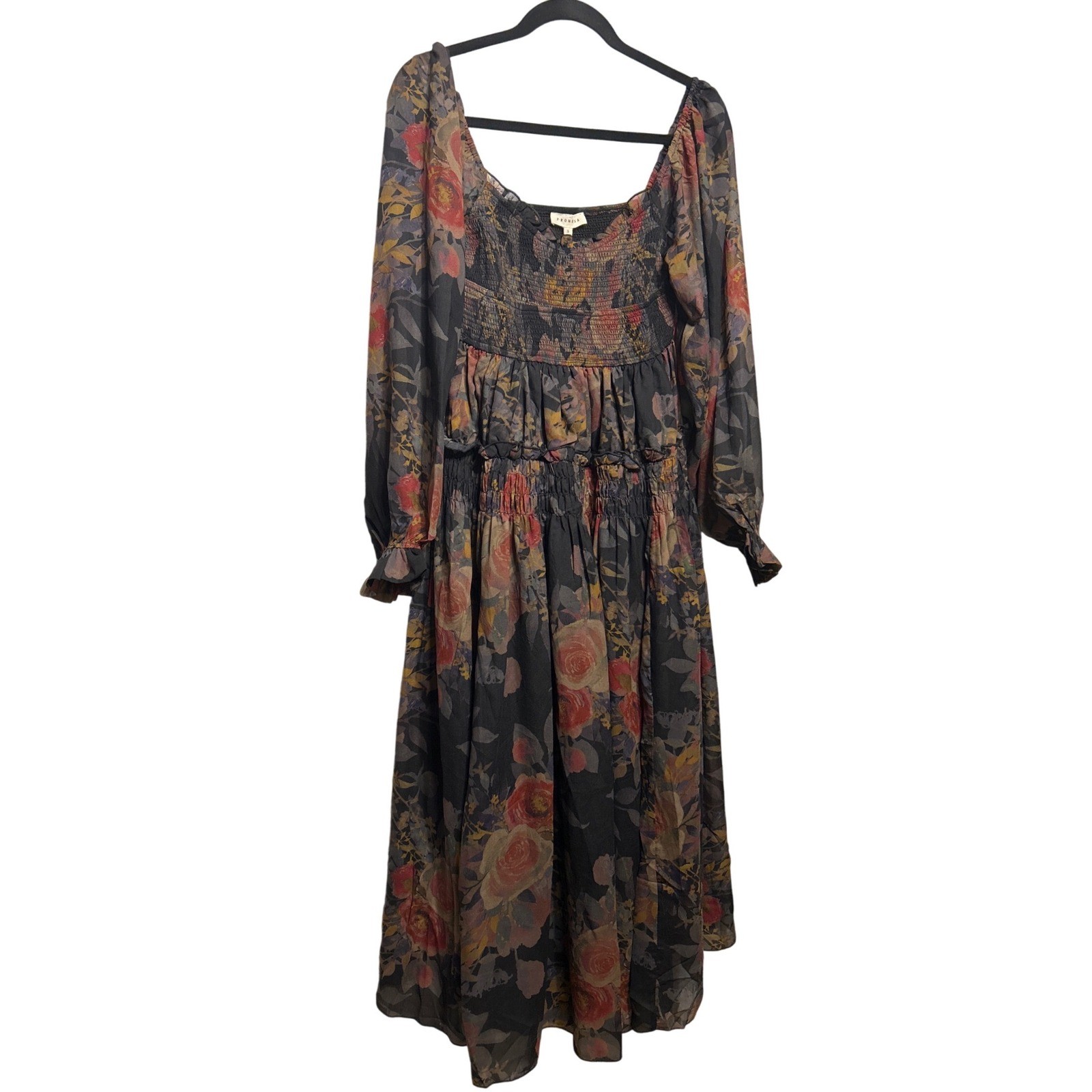 Promesa Smocked Floral Chiffon Midi Dress Balloon Sleeve Black Size Small NWT