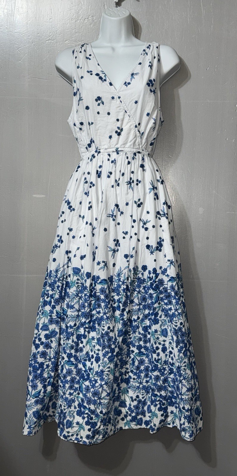 NEW Woman Within White Blue Floral Border Print Cotton Maxi Dress Sleeveless 18W