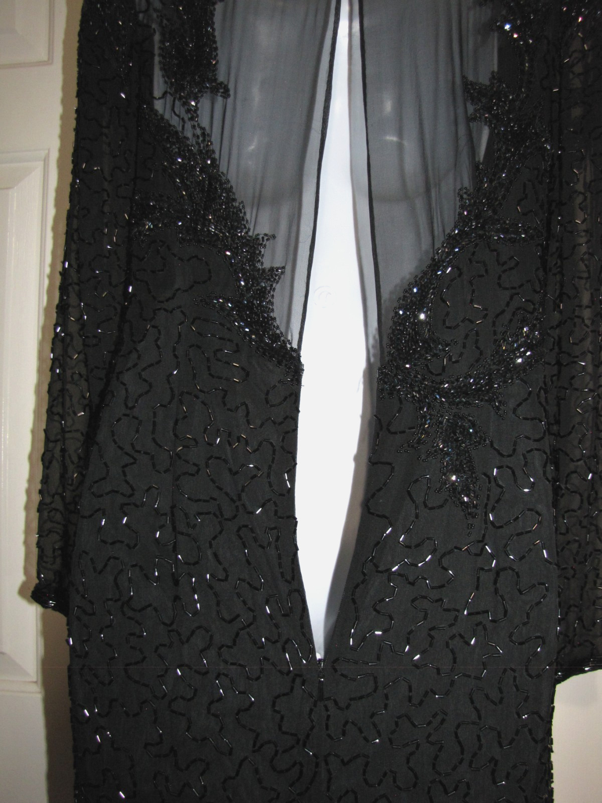 Vtg AJ. BARI Beaded & Sequin Silk Black Formal Maxi Gown Diagonal-hem Wm. 10
