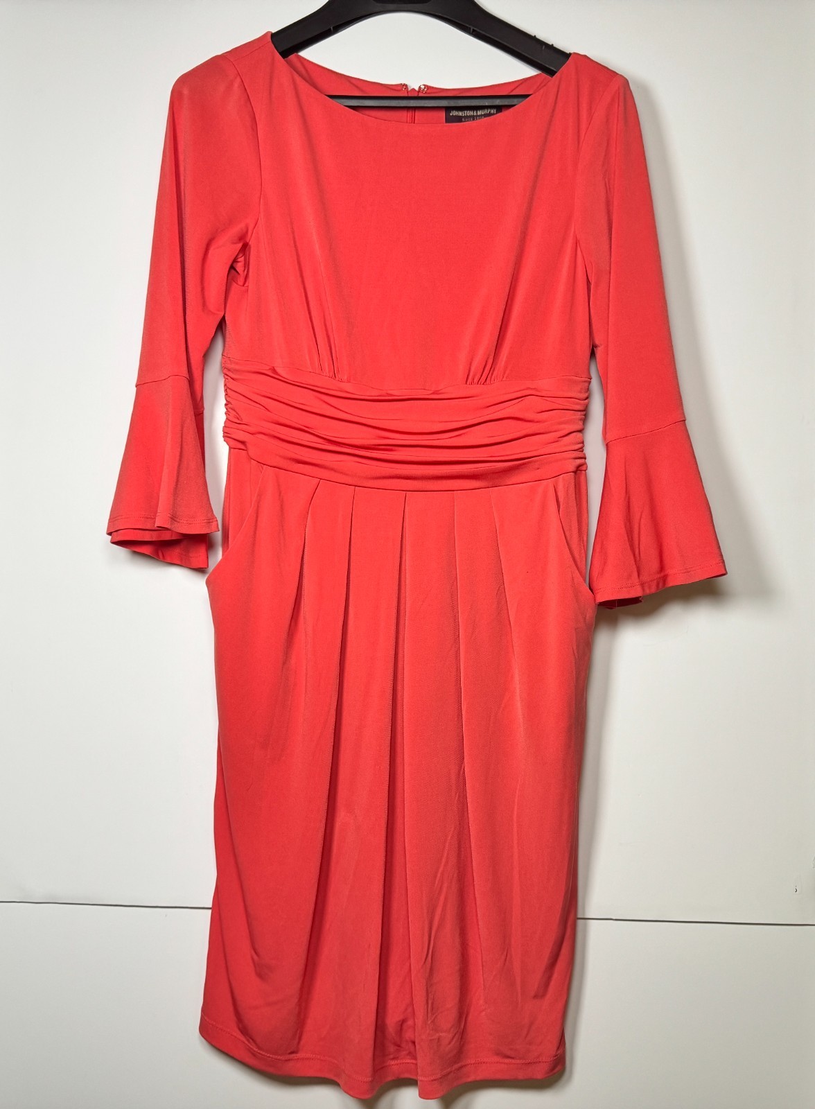 Johnston & Murphy Fit & Flare Dress Womens 10 Coral Orange Ruched Waist Back Zip