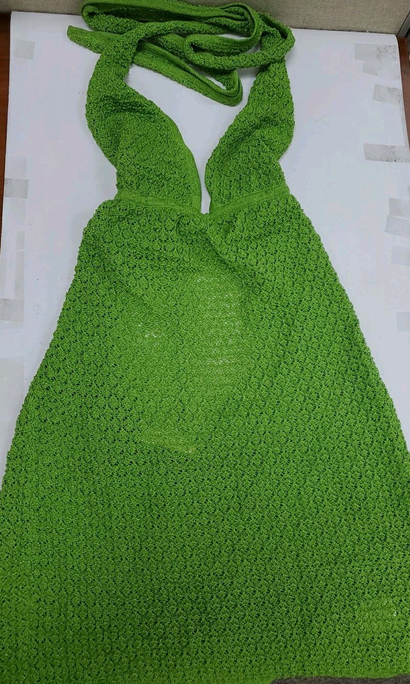 New Monday Swimwear Catania Cypress Lurex Lace Corchet Mini Dress Green Sz S