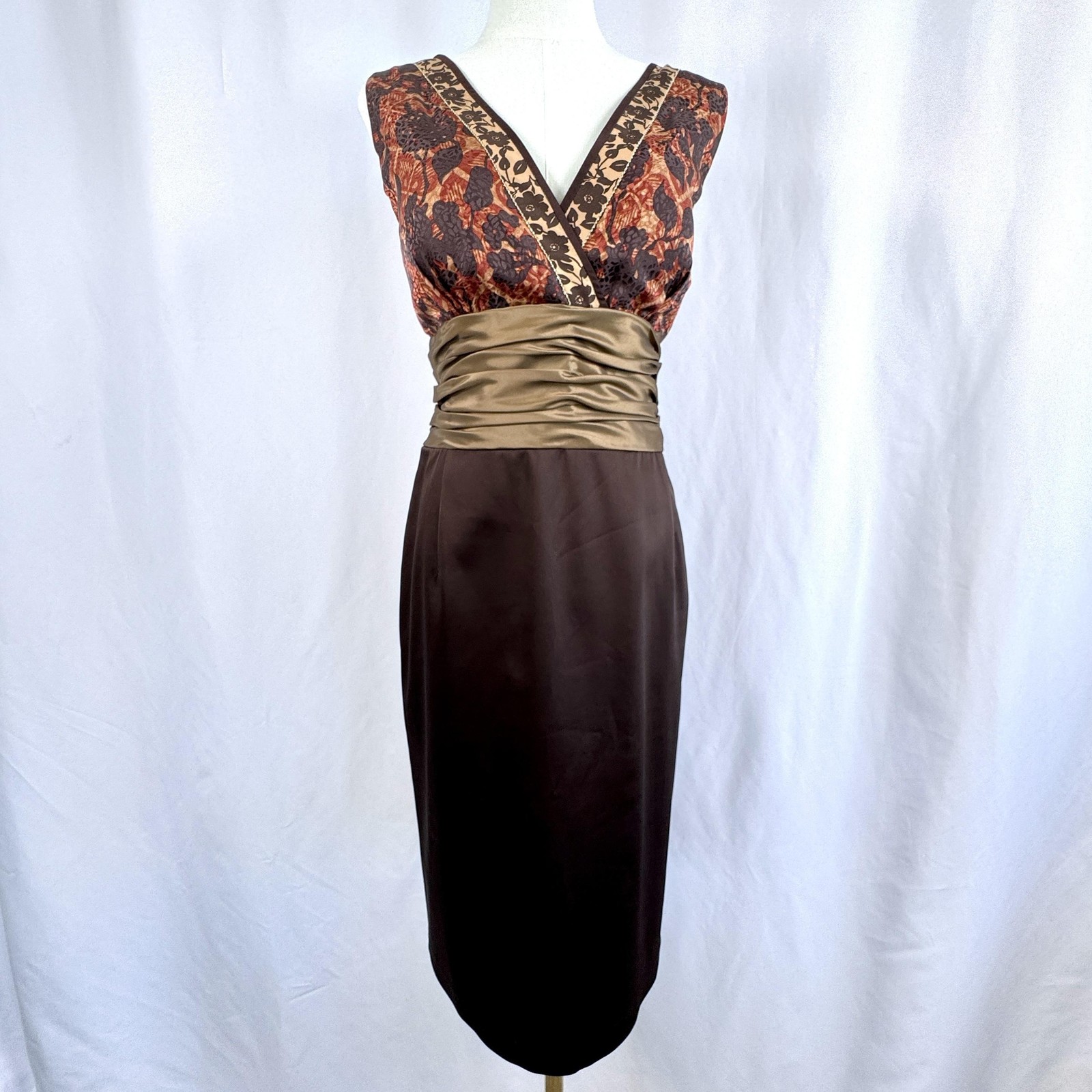 Phoebe Couture Dress Womens 16 Brown Floral V Neck Satin Sheath Midi Ruched