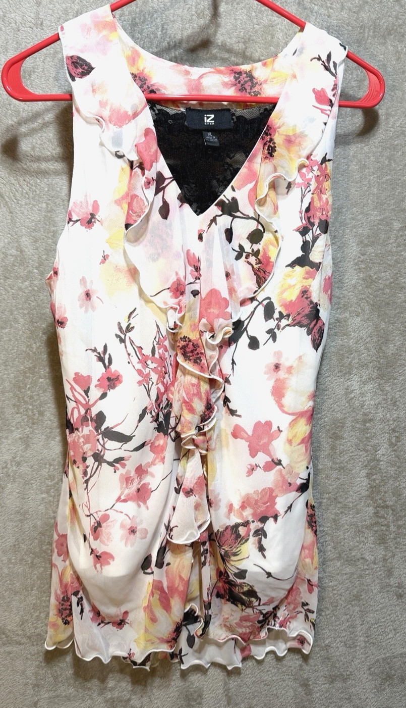 IZ Byer Sleeveles Blouse Women XL Pink Floral Lined Black Lace cascading ruffles