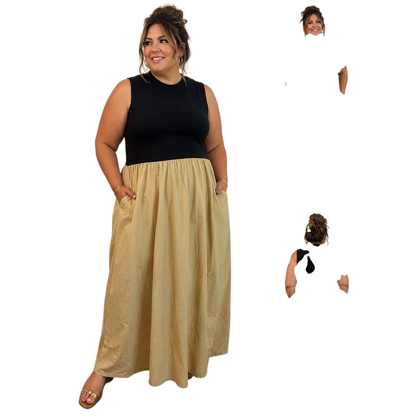 Gap Womens XXL Sleeveless Mixed Media Maxi Dress Black Tan Cotton Knit Poplin