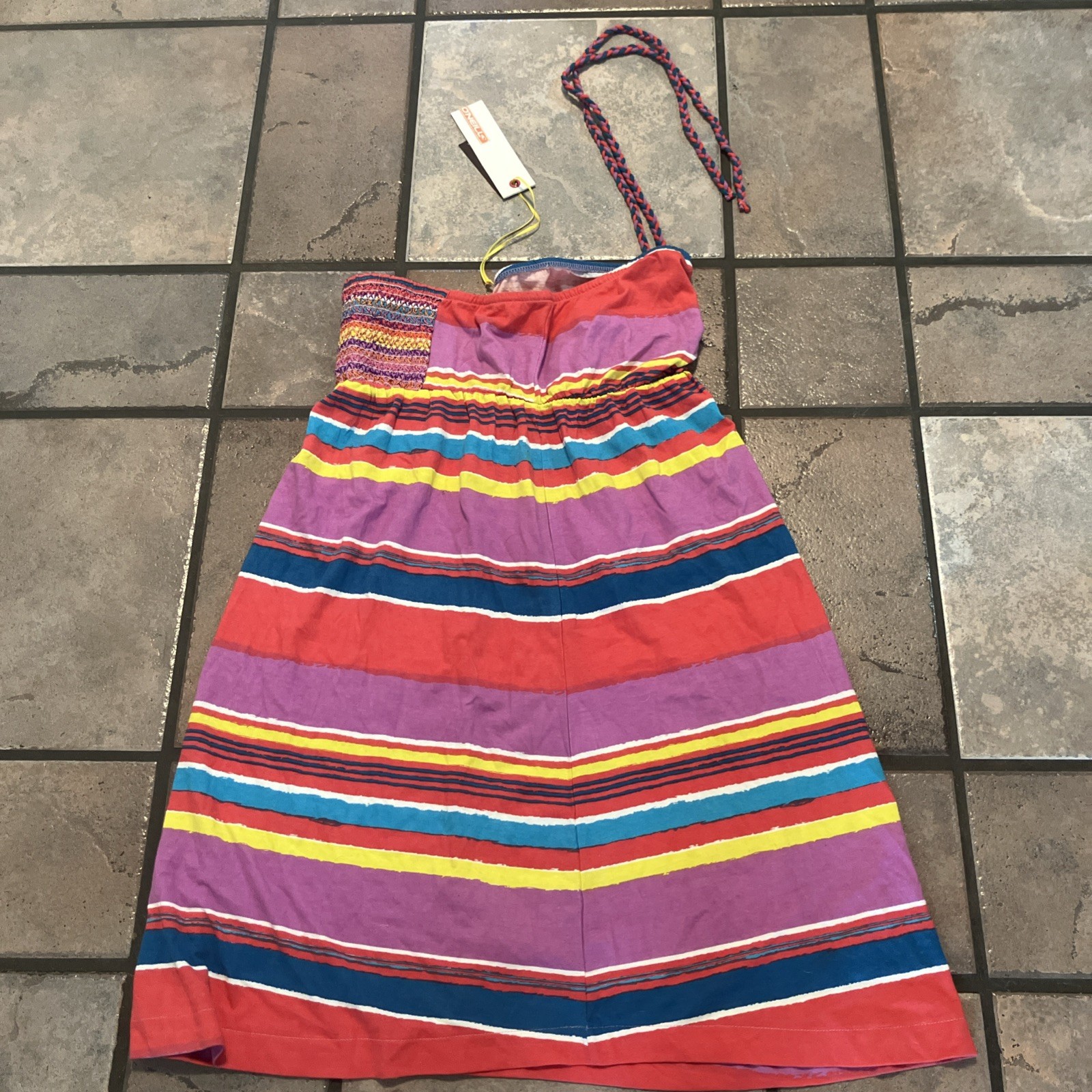 O’Neill striped strapless dress with a braided neck strap.
