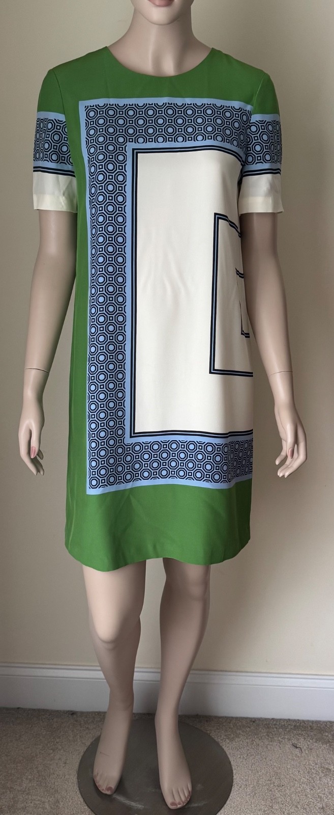 Tory Burch Mallory Silk Colorblock Shift Dress Green Blue Scarf Print Size 4