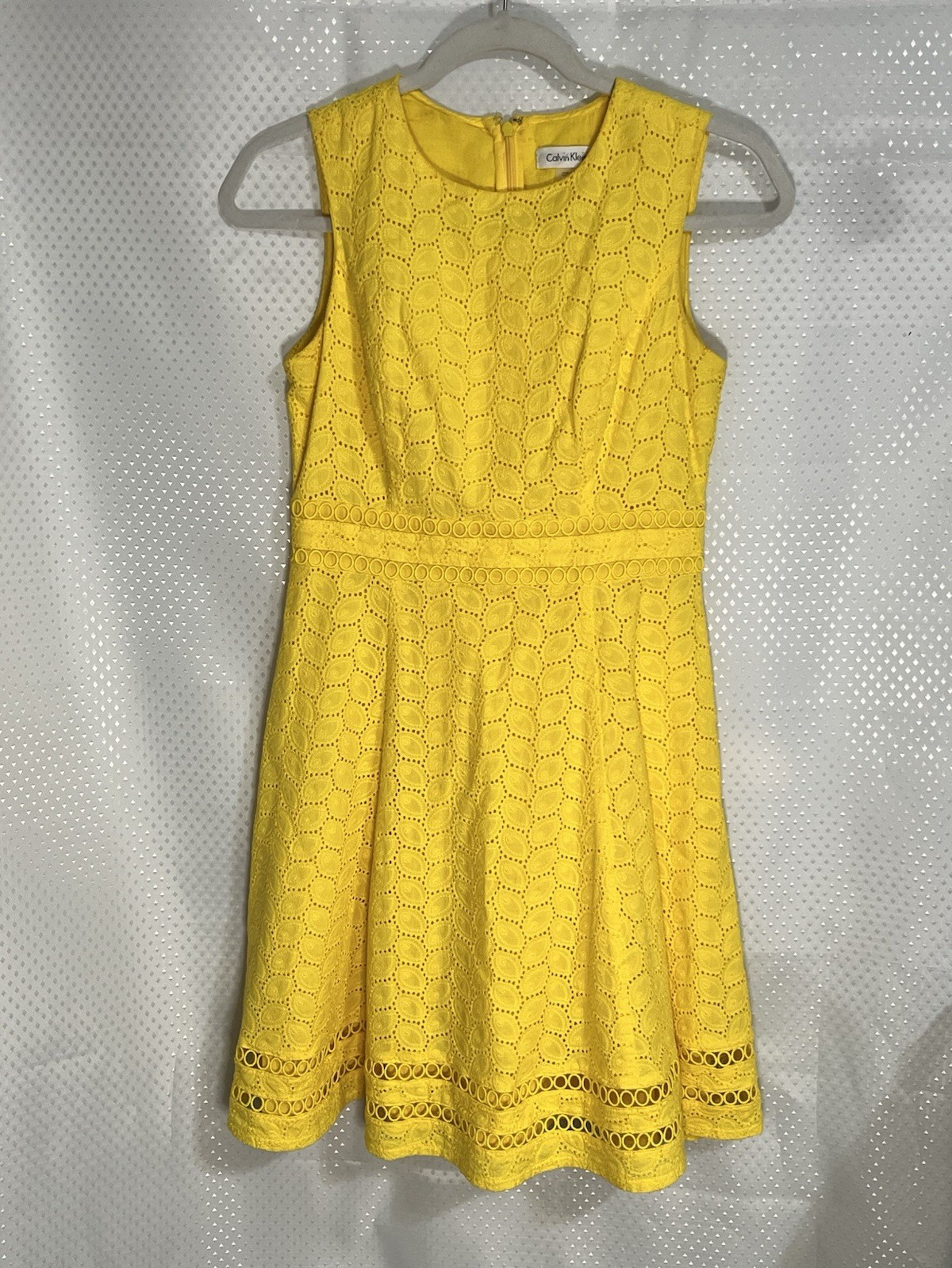 Calvin Klein Yellow Sleeveless Lace Eyelet A-Line Knee-Length Dress 4P