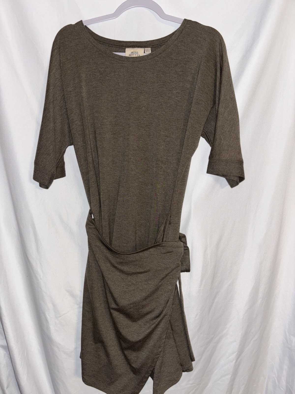 Mind Over Matter Dress Women’s L, Heather Taupe Stretch Knit Tie Waist
