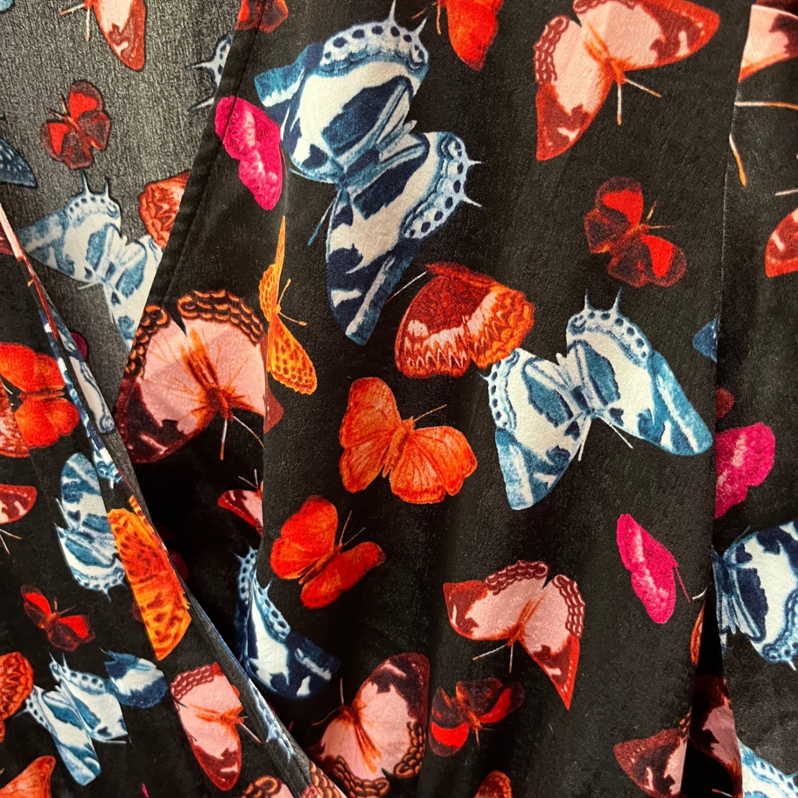 Torrid 6 Butterfly Print Wrap Front Midi Dress Black Cinched Sleeve Pocket
