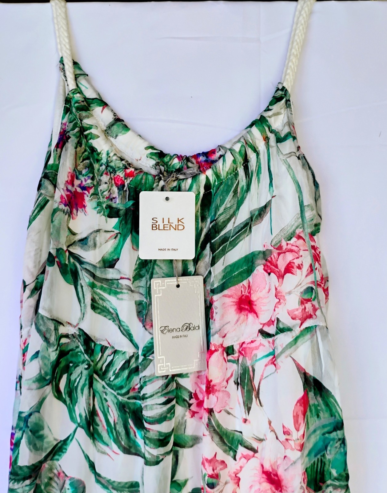 ELENA BALDI ELEGANT TROPICAL SILK BLEND BRAIDED STRAPS SUMMER DRESS – Italy