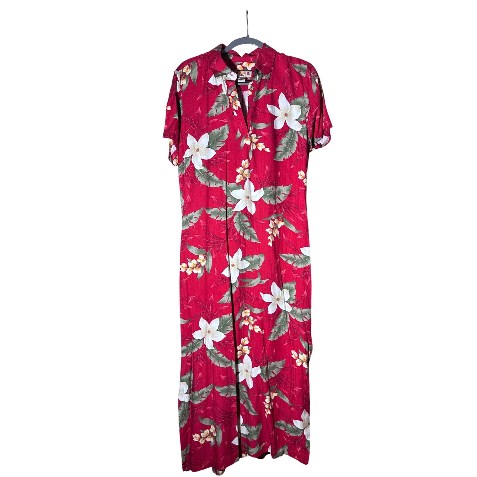 Caribbean Joe Red Tropical Floral Rayon Maxi Dress Womens Large Hawaiian Aloha
