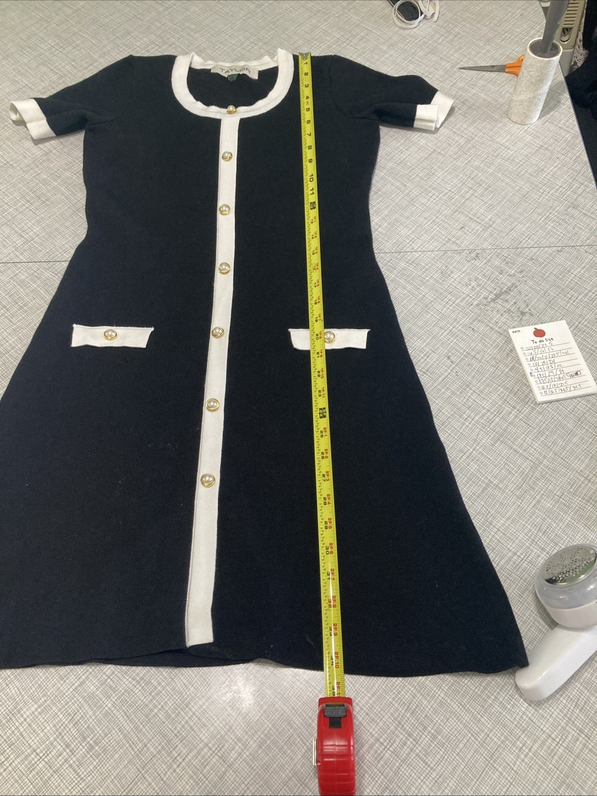 Taylor Black Knit Button Front Mini Dress Cream Contrast Trim Gold Detail Small