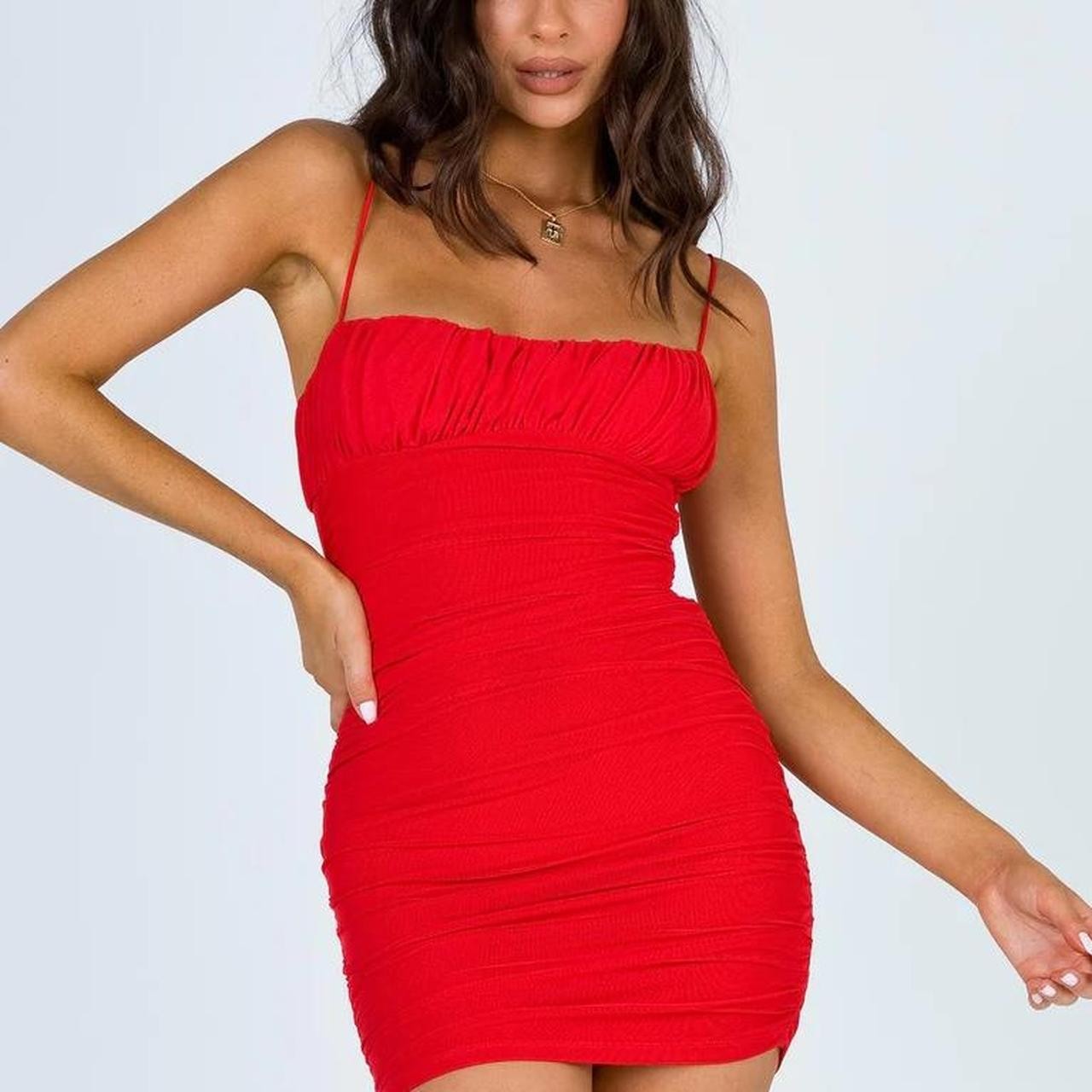 Women’s Solid Ruched Mesh Bodycon Spaghetti Strap Mini Dress Red or Black US2