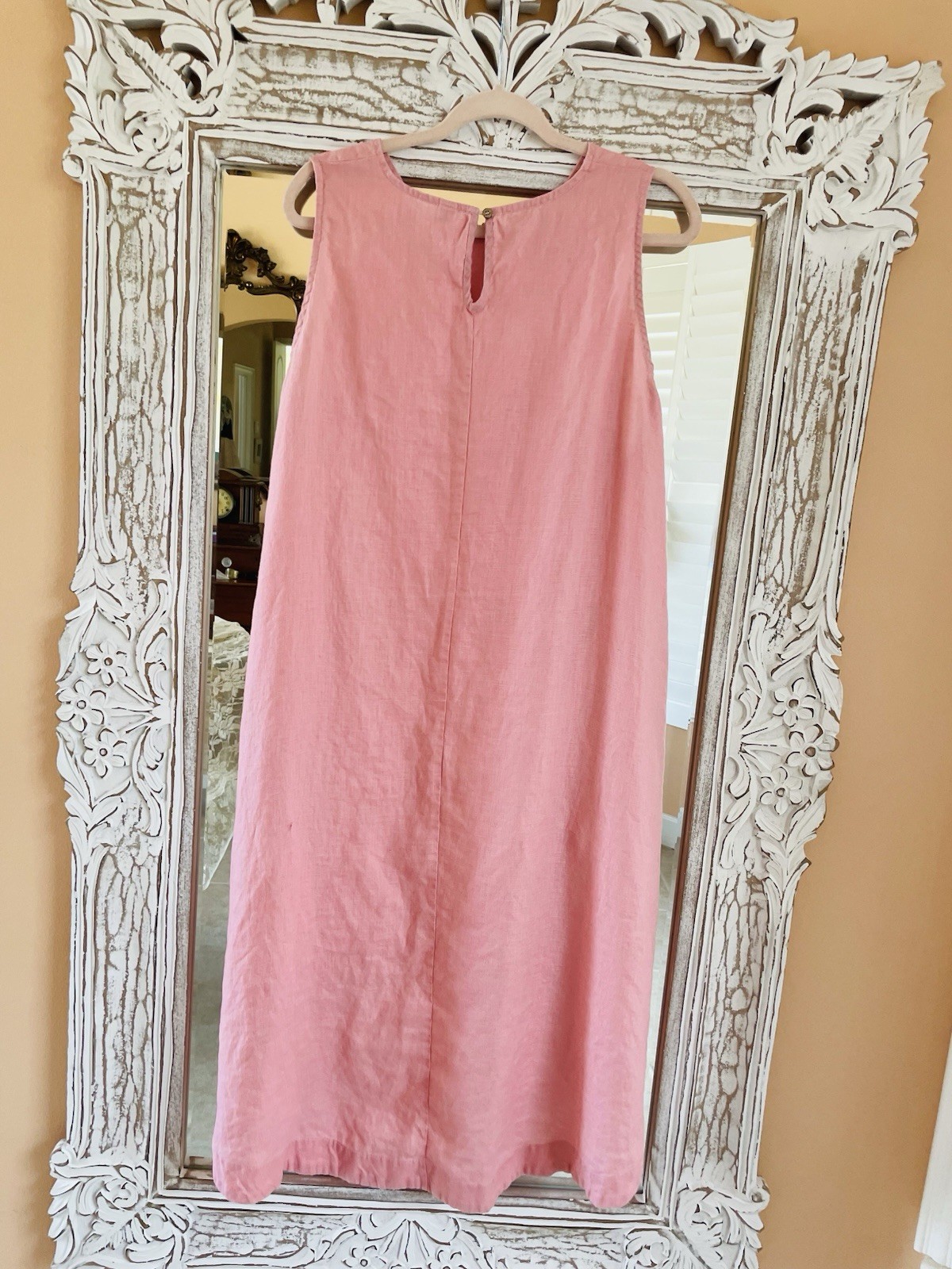 100% Linen Pink Sleeveless Side pockets High Low Casual Dress. X/L – XXL