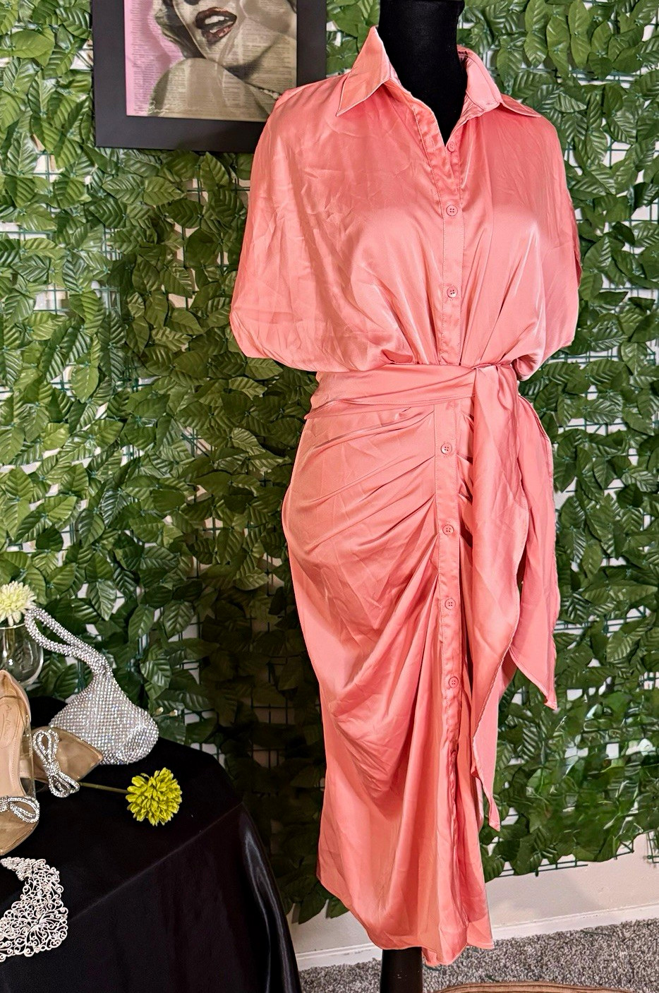 Twenty Ten Women’s S Pink Satin Collared Button Front Tie Belt Midi Shirt Dress