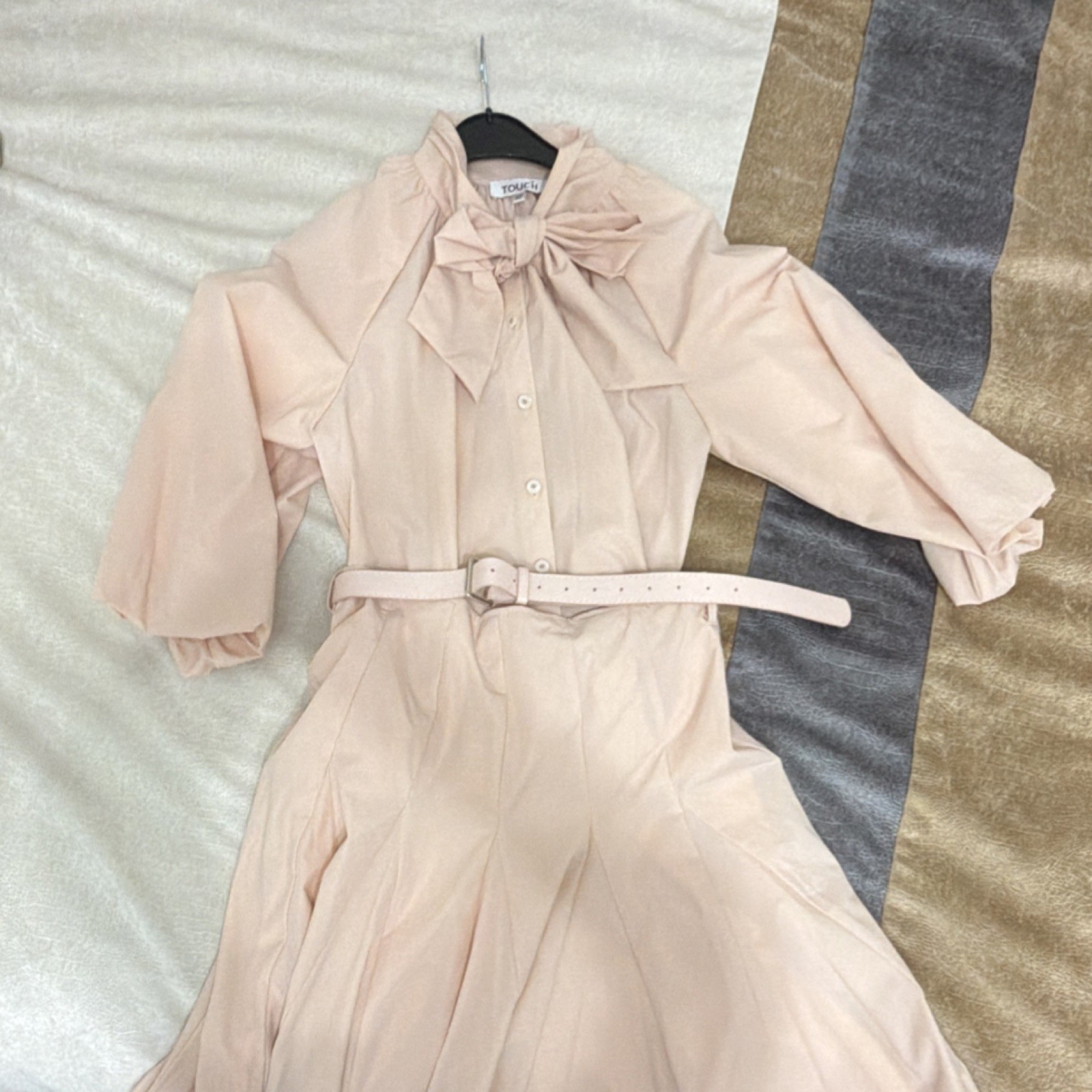 TOUJOU Light Pink Bow Neck Belted Midi A-Line Dress 3/4 Sleeve Women