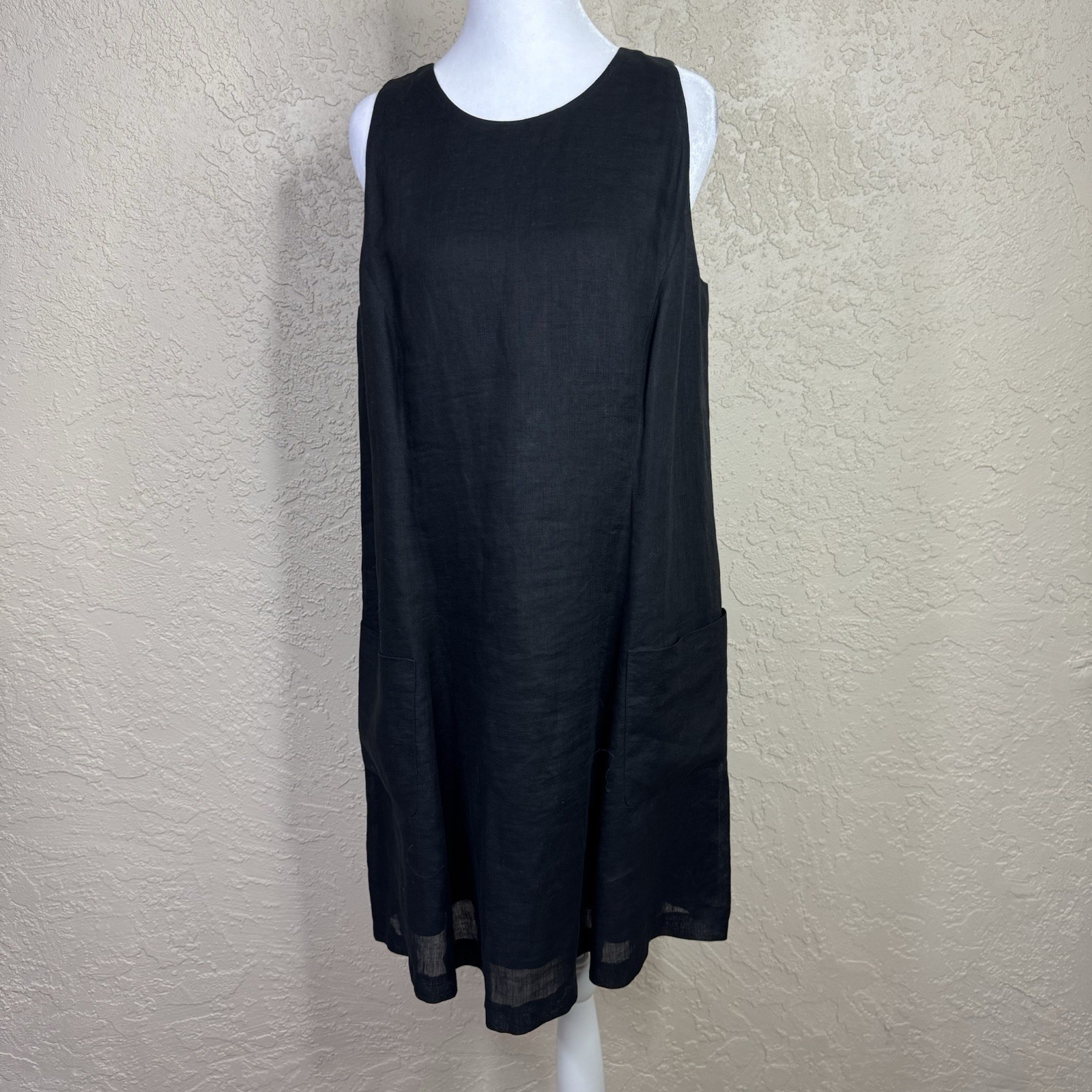 Linda Allard Ellen Tracy Linen Shift Dress Size 8 Sleeveless Black Lagenlook